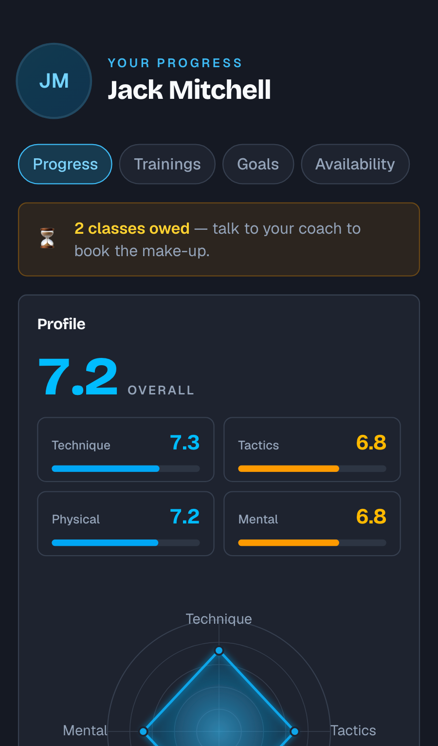 The player's own page on a phone, with their level and the four categories