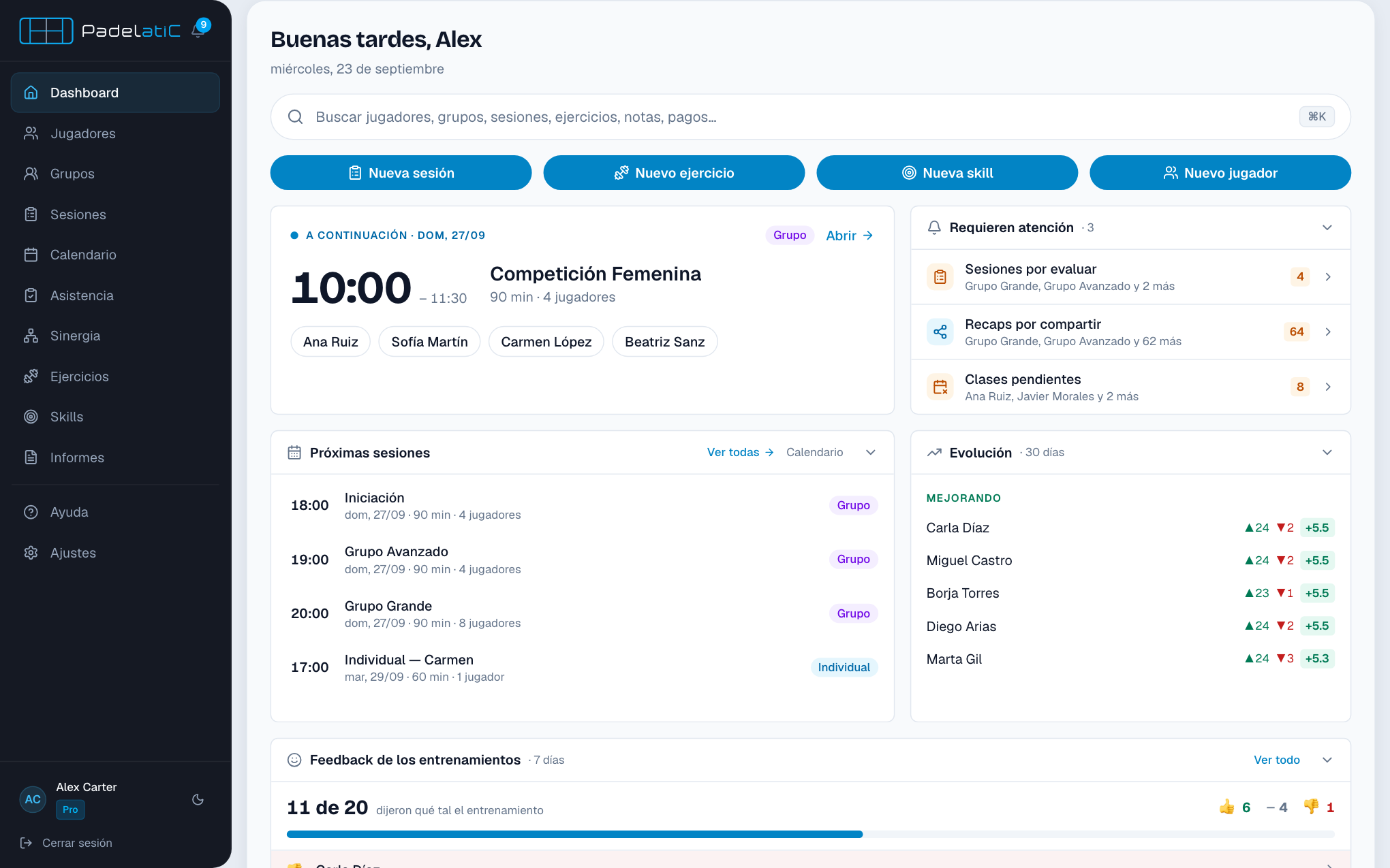 El dashboard del entrenador en Padelatic: la próxima clase, lo que requiere atención y quién está mejorando