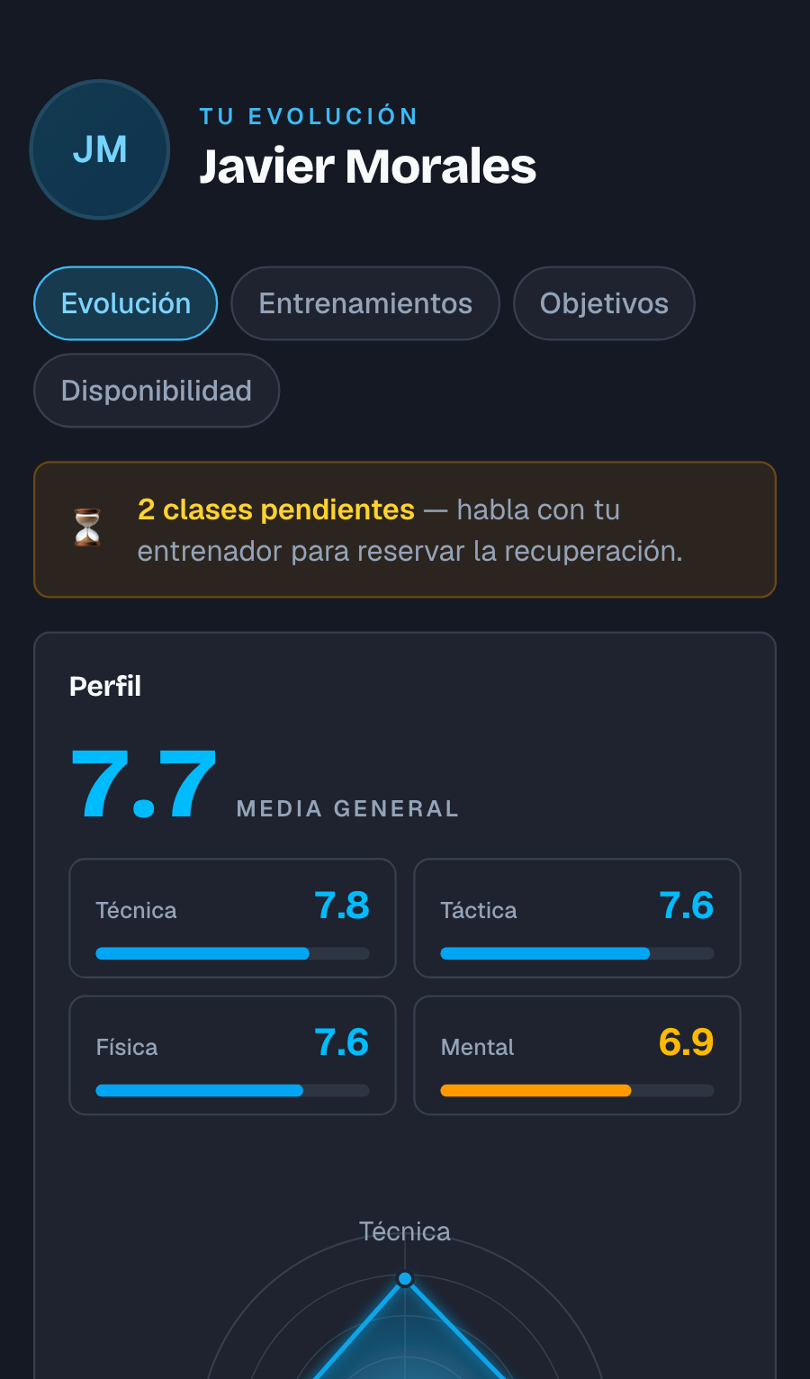 La página del jugador en el móvil, con su nivel y las cuatro categorías