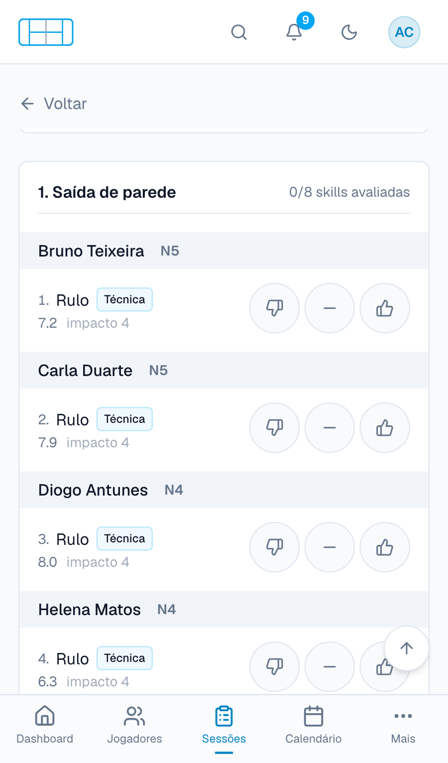 Avaliar uma aula no telemóvel: pior, igual ou melhor para cada jogador e skill